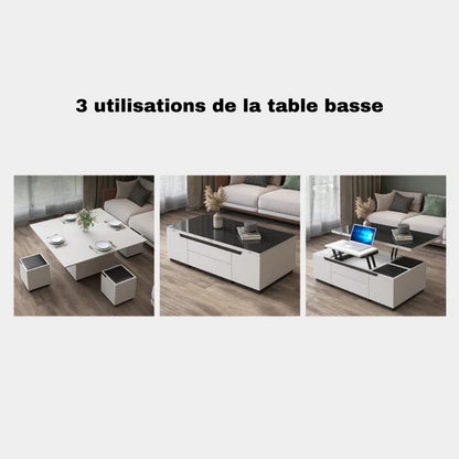 Table basse élévatrice moderne blanche avec tiroirs