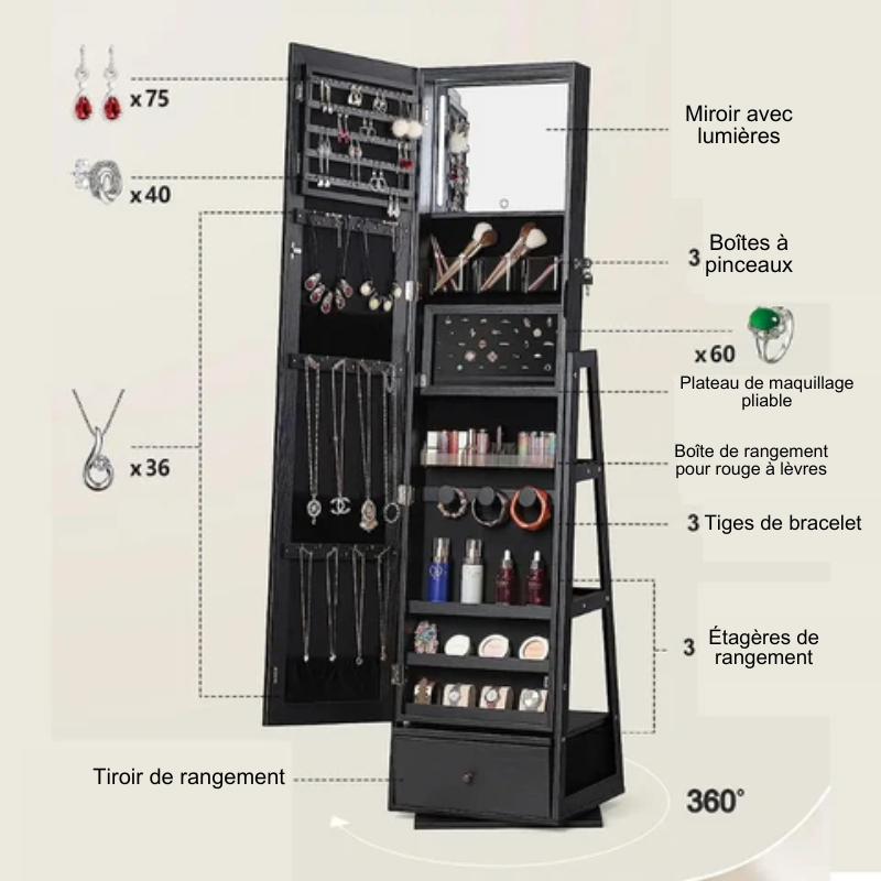 Armoire à bijoux rotative éclairée à 360